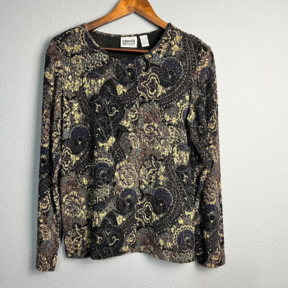 Chico's Design Paisley Brocade 90s Tapestry Baroque Print L/SL Retro Top Size‎ 1